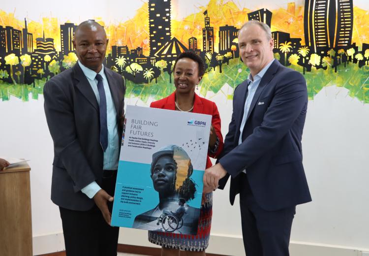 From left to right: Kennedy Matheka, State Department for Public Works Eva Murray, CEO BSD Group Dr. Peter Graham, CEO Global Buildings Performance Network(GBPN)  Holding up the physical version of the Toolkit